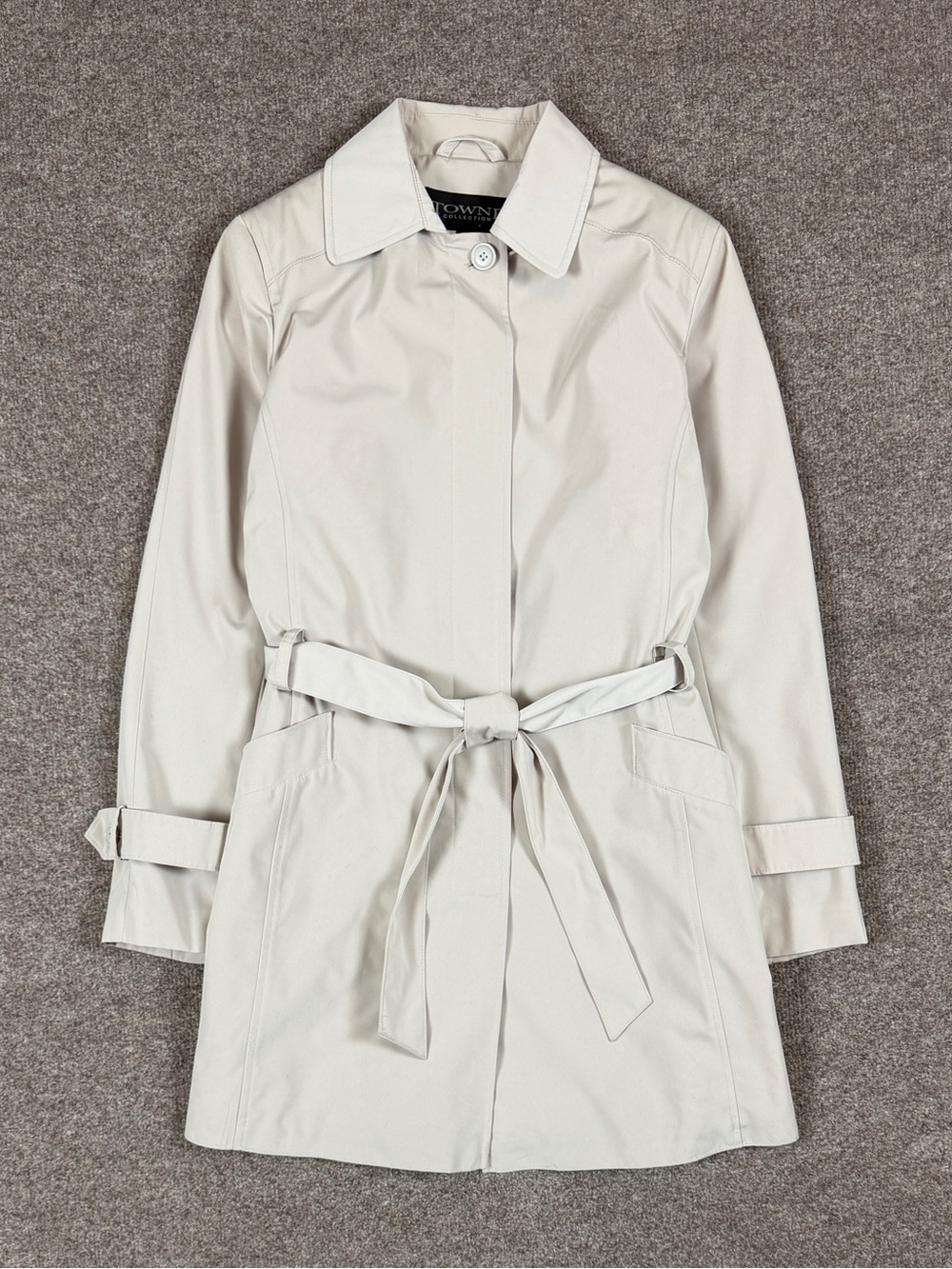 Vintage Tan Mid Length Belted Trench Coat Women’s L Lightweight Single Breasted